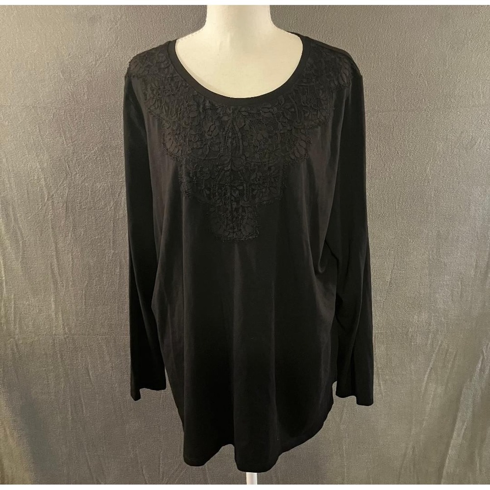 Chicos Black Lace Bib Long Sleeve Pima Cotton Modal Top XXL 4 Soft Chic